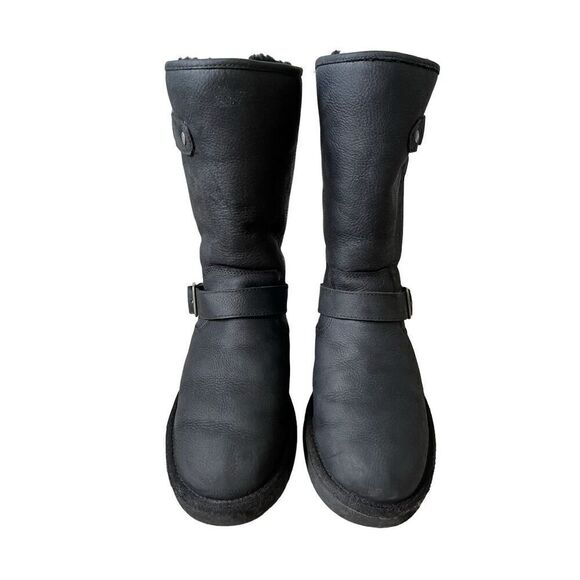 UGG Australia Women Sutter Black Leather Dual Buckle Moto Biker Boots size 6 - Picture 2 of 10